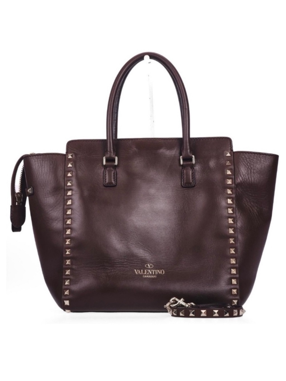 Valentino Garavani Large Burgundy Rockstud Trapeze Tote Bag + Strap